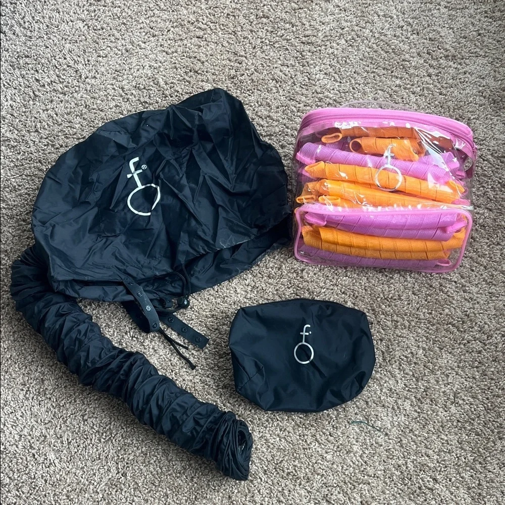 Black Hair Dryer Bonnet with Pink and Orange Curlers